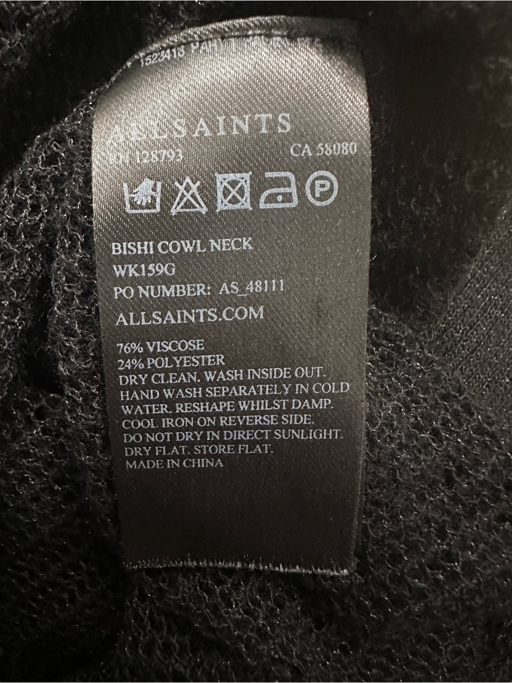 AllSaints Sheer Black Knit Mesh Cowl Neck Batwing Top Small Fairy Grunge Goth - Picture 5 of 8